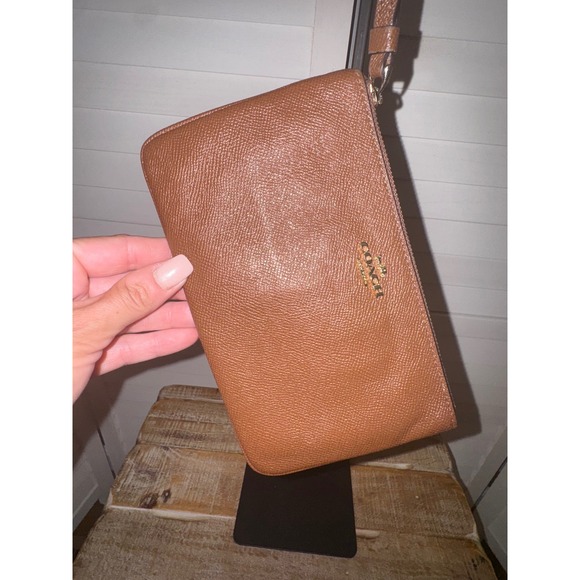 Coach Leather Wristlet Wallet, Brown Small Zip Top Clutch, Designer Handbag - Picture 1 of 11
